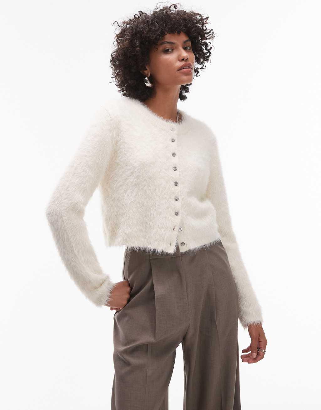 Topshop knit fluffy micro cardi in ivory product image