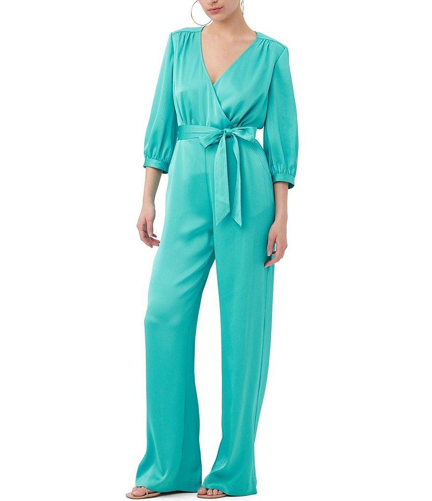 Trina Turk Mineral Satin Solid V-Neck 3/4 Sleeve Belted Jumpsuit Product Image