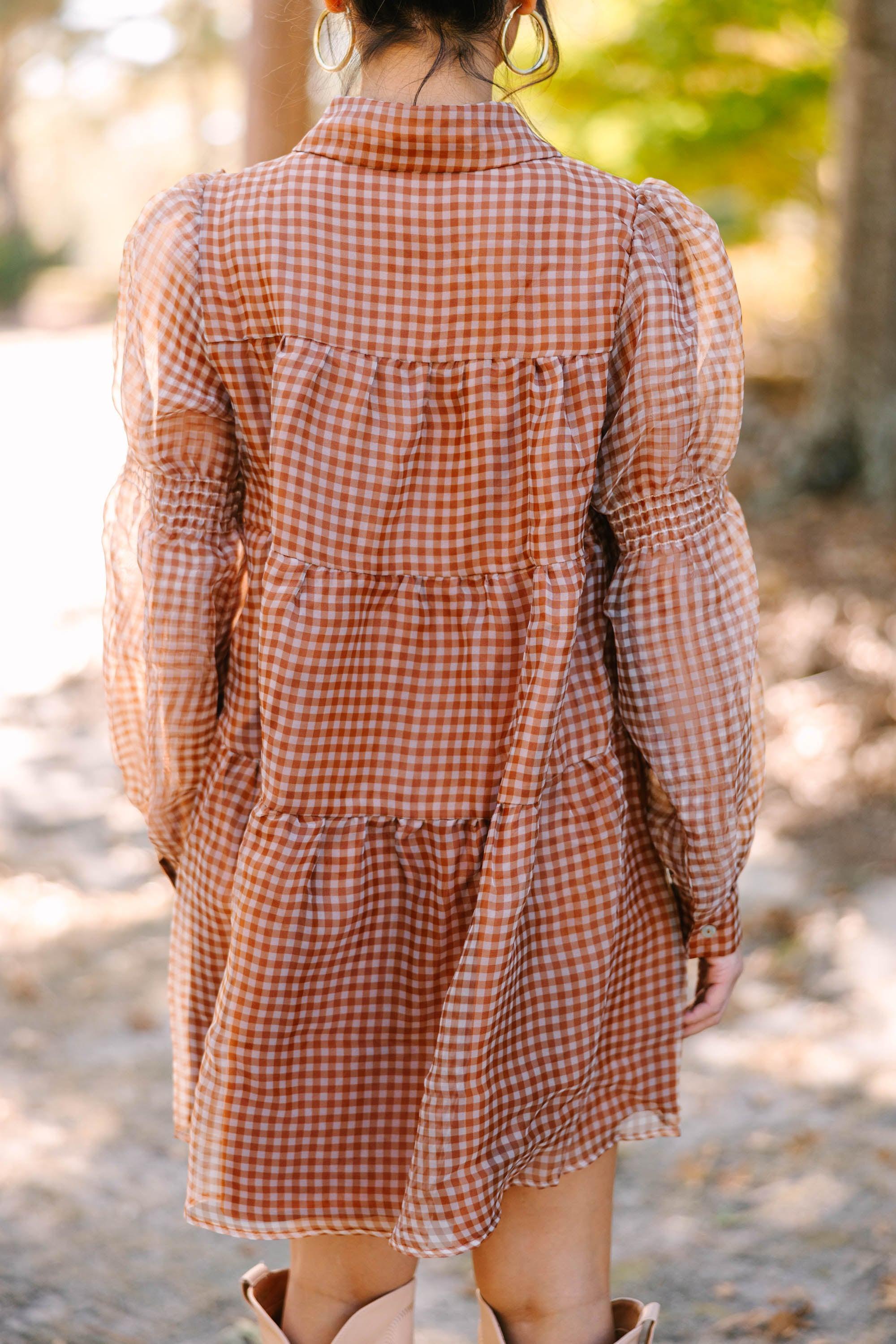 Take The Leap Butterscotch Brown Plaid Dress Female product image