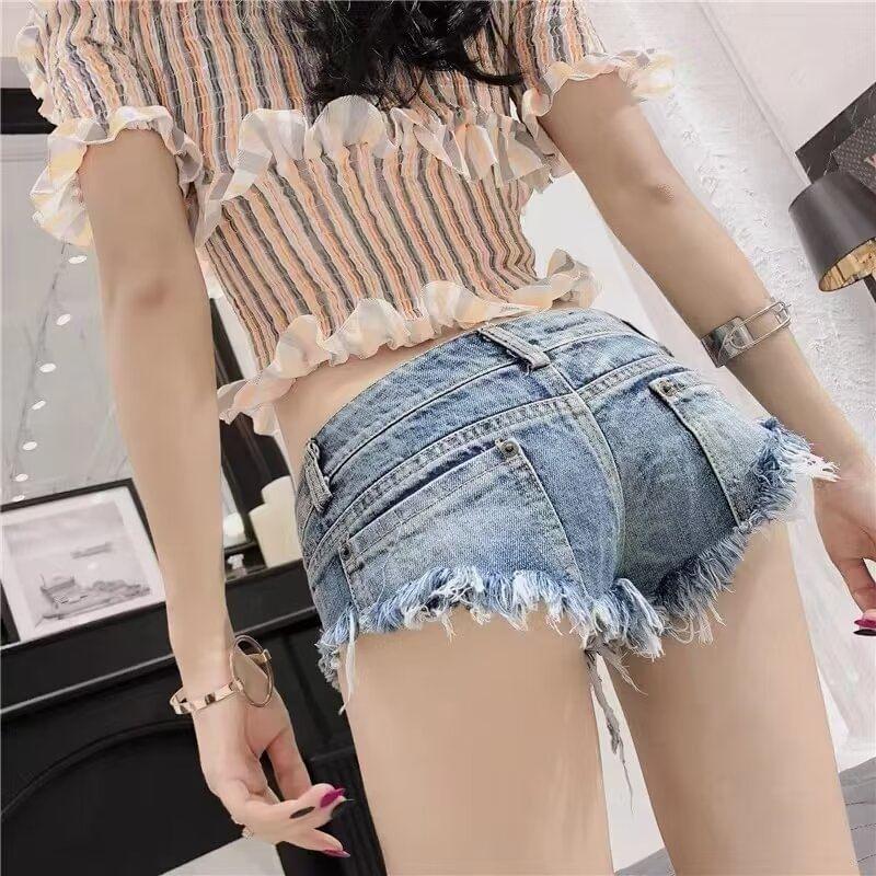 Low Rise Washed Frayed Denim Hot Pants Product Image