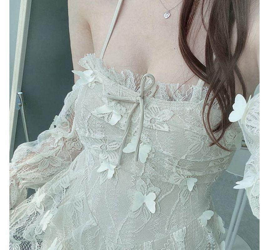 Long-Sleeve Cold Shoulder Butterfly Applique Lace Swimsuit Product Image