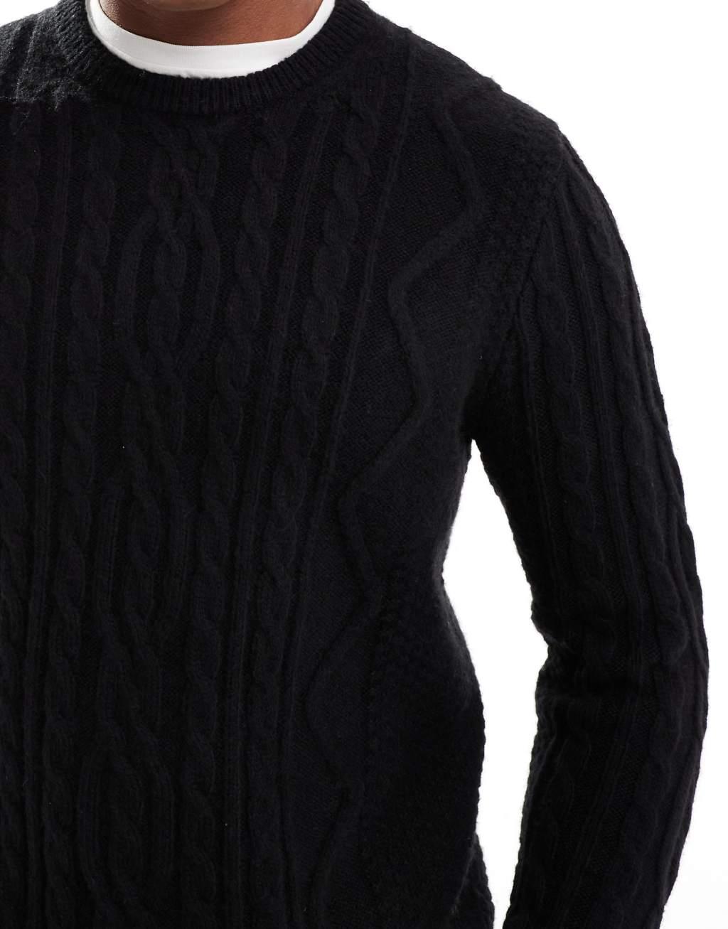 ASOS DESIGN heavyweight cable knit crew neck sweater in black Product Image