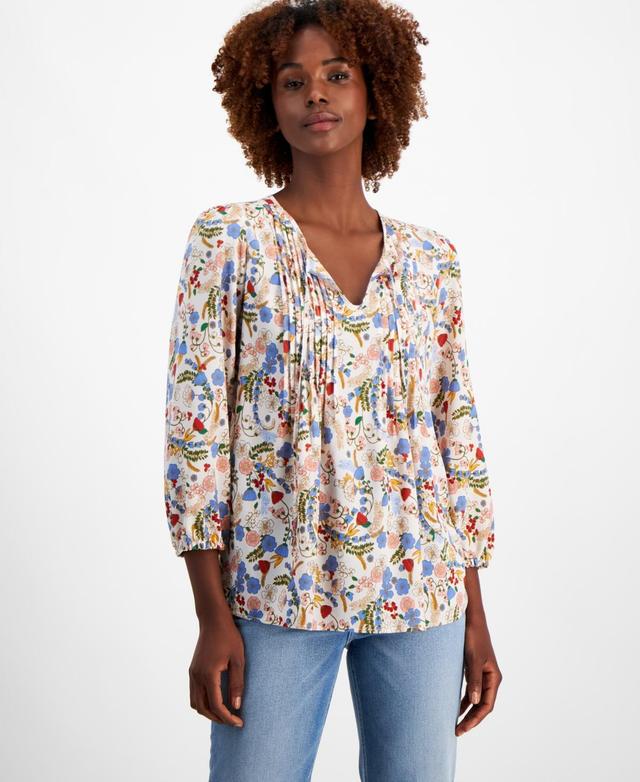 Tommy Hilfiger Womens Floral-Print Pintucked Peasant Blouse Product Image