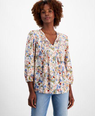 Tommy Hilfiger Womens Floral-Print Pintucked Peasant Blouse Product Image