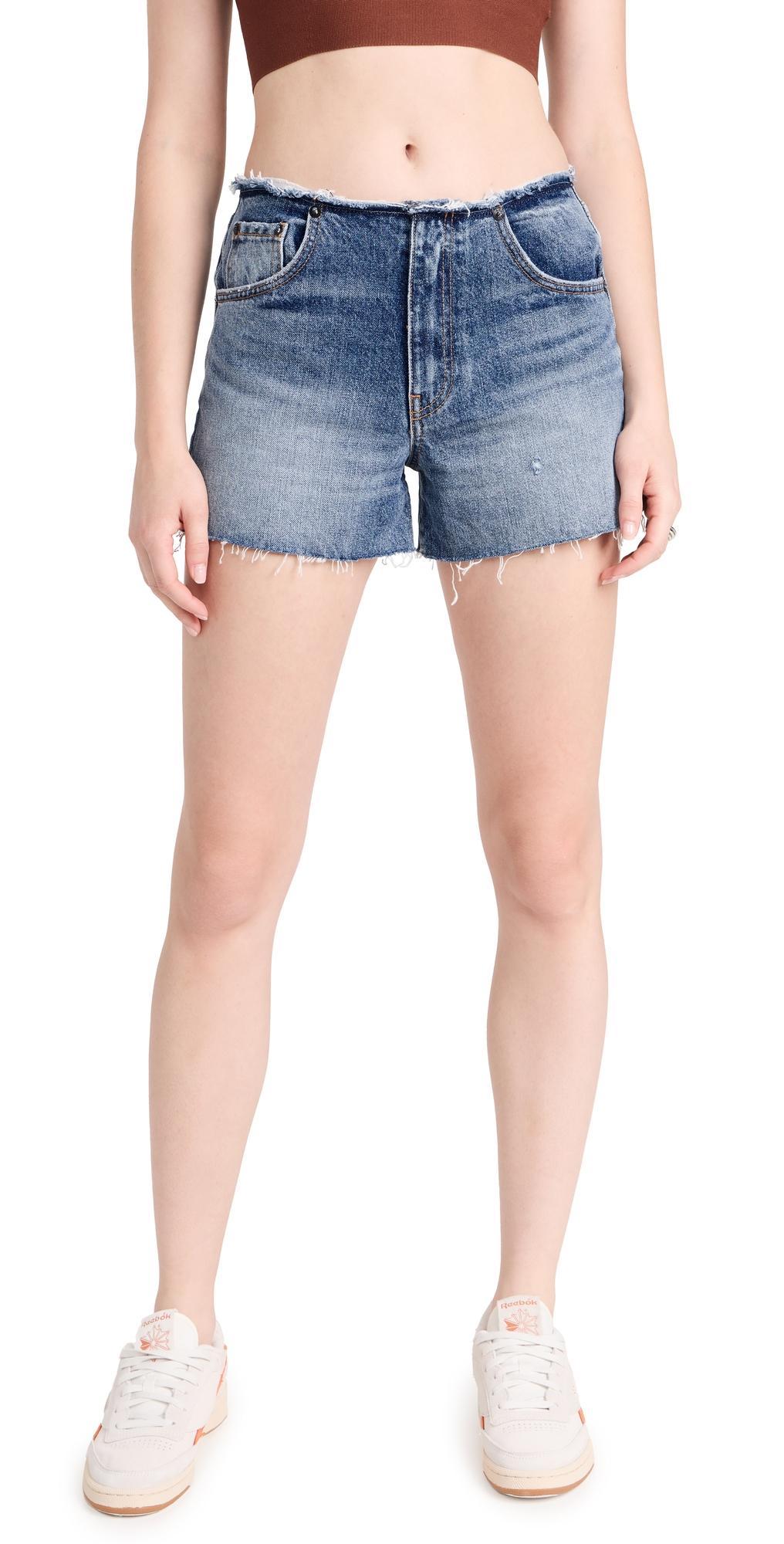 Womens Distressed Waistband Denim Shorts Product Image