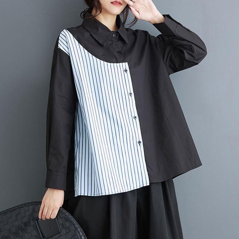 Long-Sleeve Striped Panel Blouse Product Image