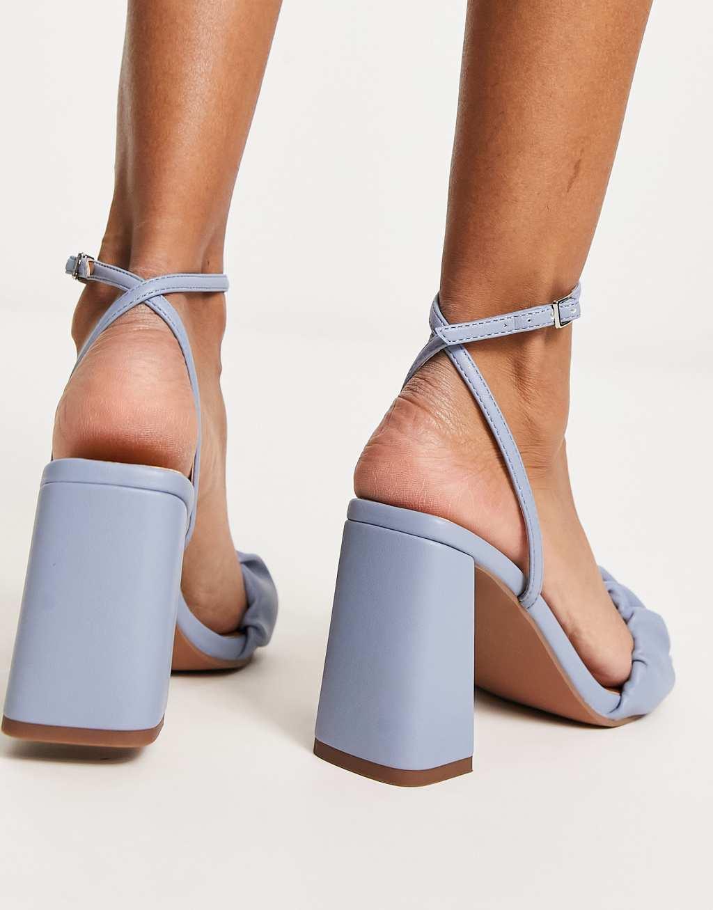 ASOS DESIGN Halo ruched detail mid heeled sandals in blue Product Image