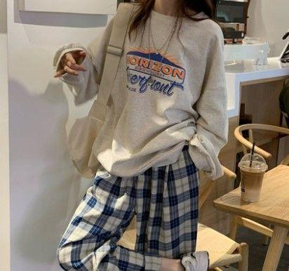 Plaid Wide-Leg Pants / Printed Sweatshirt Product Image