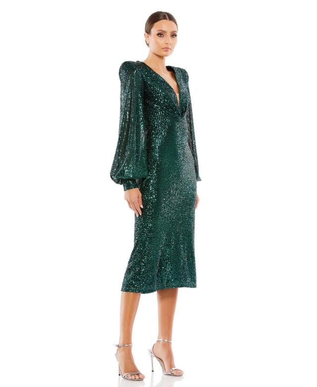 Mac Duggal Sequin Puff Sleeve Midi Dress Product Image