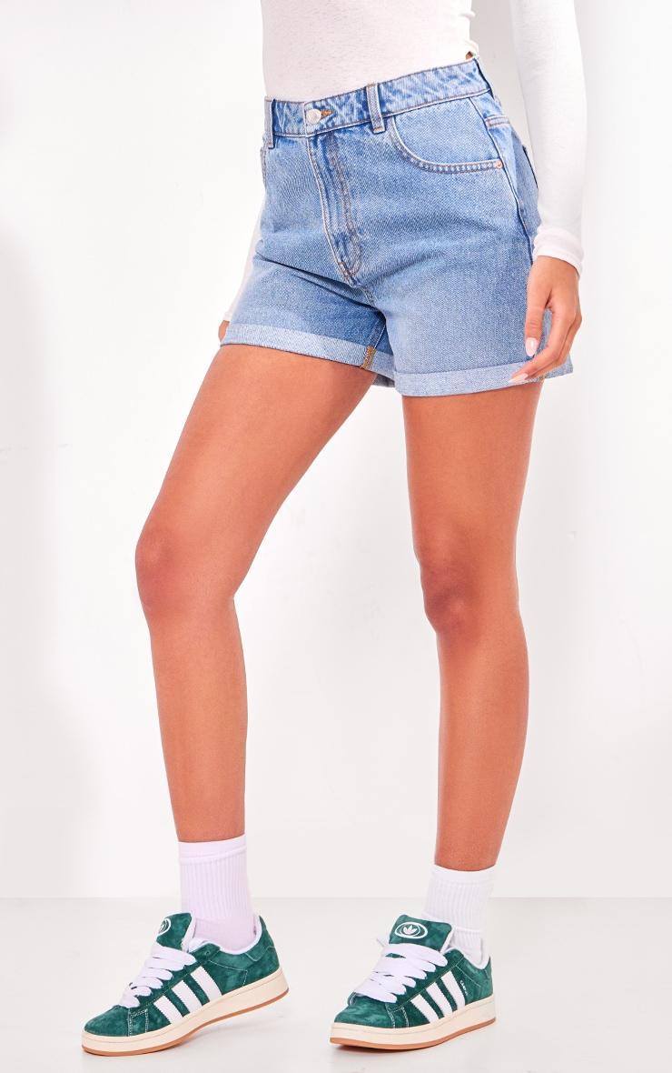 PRETTYLITTLETHING Tall Vintage Mid Wash Turn Up Mom Denim Shorts Product Image