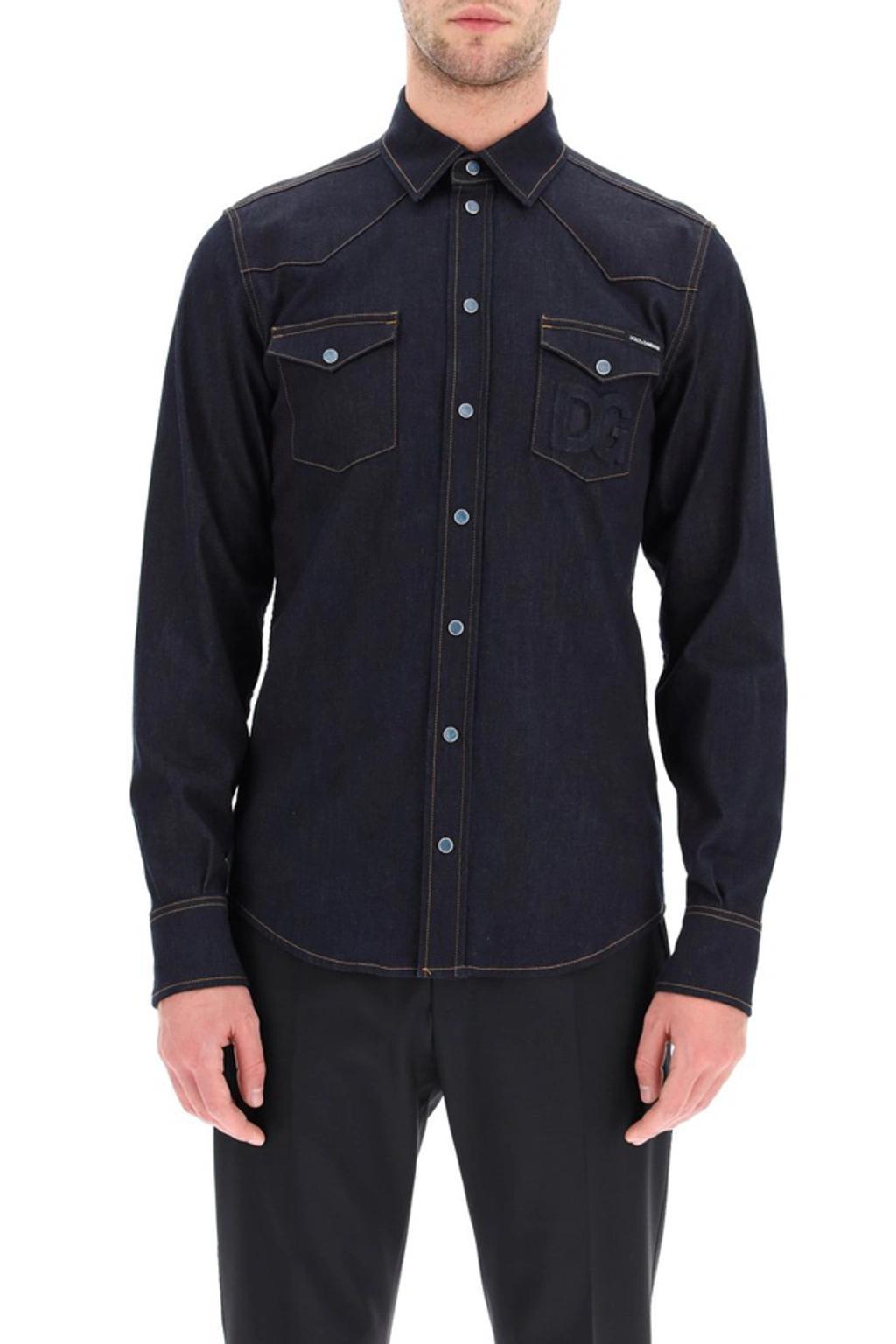 Denim Shirt With Embossed Logo In Blue Product Image