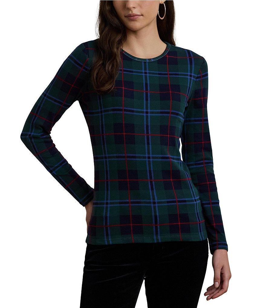 Lauren Ralph Lauren Petite Size Stretch Cotton Plaid Crew Neck Long Sleeve Top Product Image