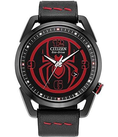 Citizen Mens Marvel Miles Morales Spider-Man Three Hand Black Leather Strap Watch Product Image