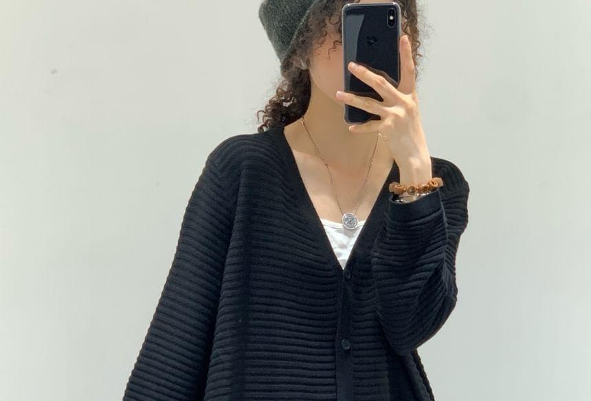 V-Neck Plain Ribbed Long Cardigan Product Image