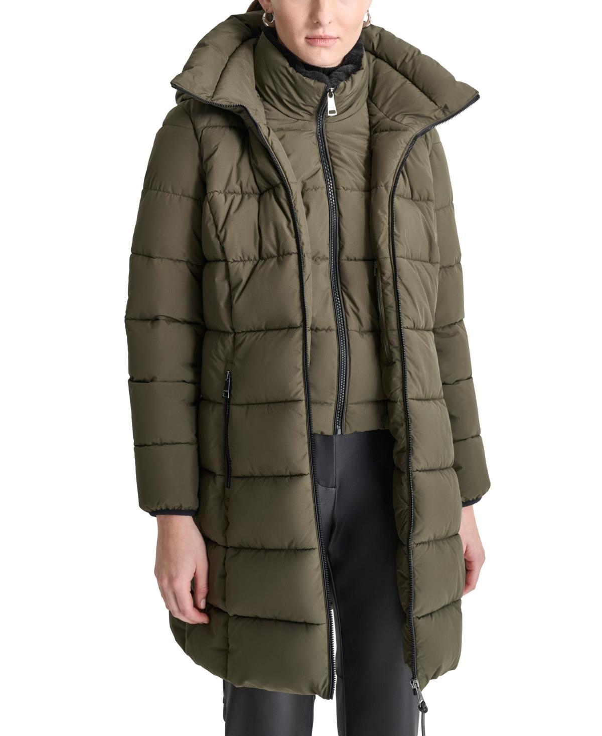 Dkny Womens Bibbed Hooded Zip-Front Puffer Coat Product Image