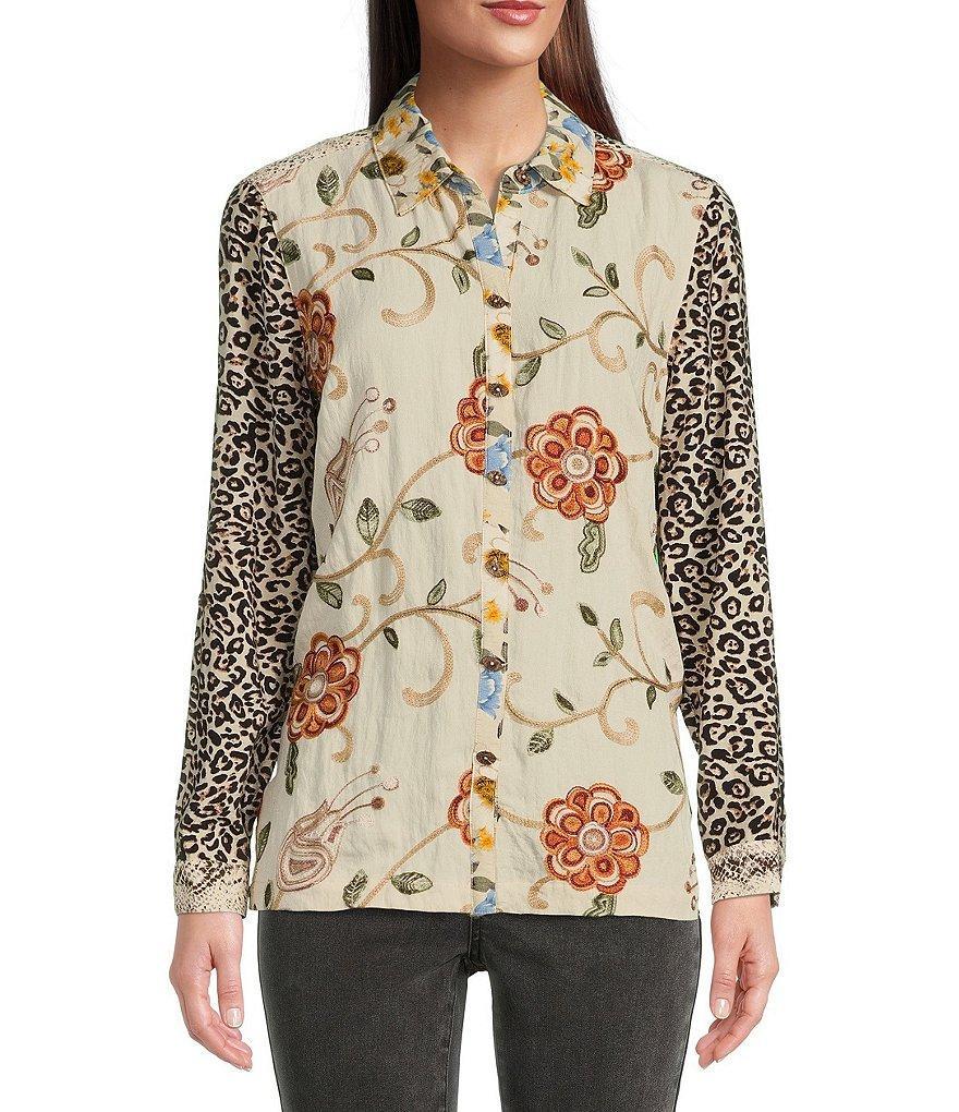 John Mark Point Collar Long Sleeve All Over Embroidered Front Button Mixed Print Tunic product image