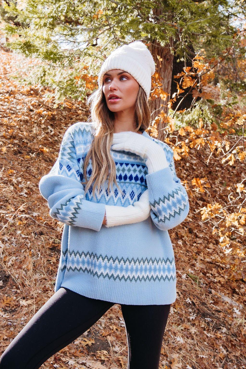 Blue Aztec Print Pullover Sweater Product Image