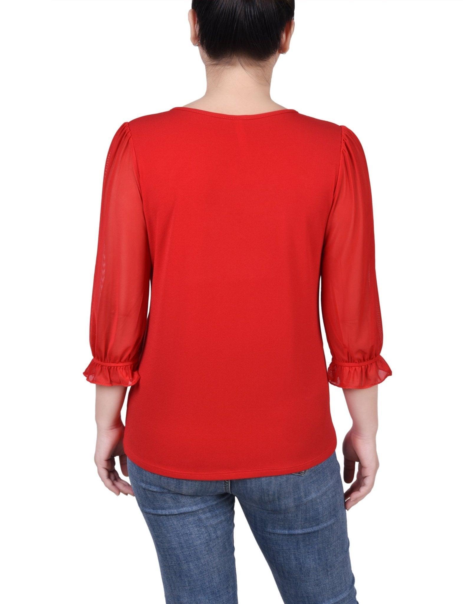 3/4 Length Sleeve Ringed Top With Mesh - Petite Product Image