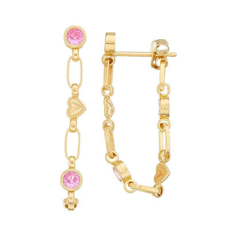 Kristen Kesho Sterling Silver Lab-Created Pink Sapphire Front-to-Back Heart Link Chain Hoop Earrings, Womens, Yellow Product Image