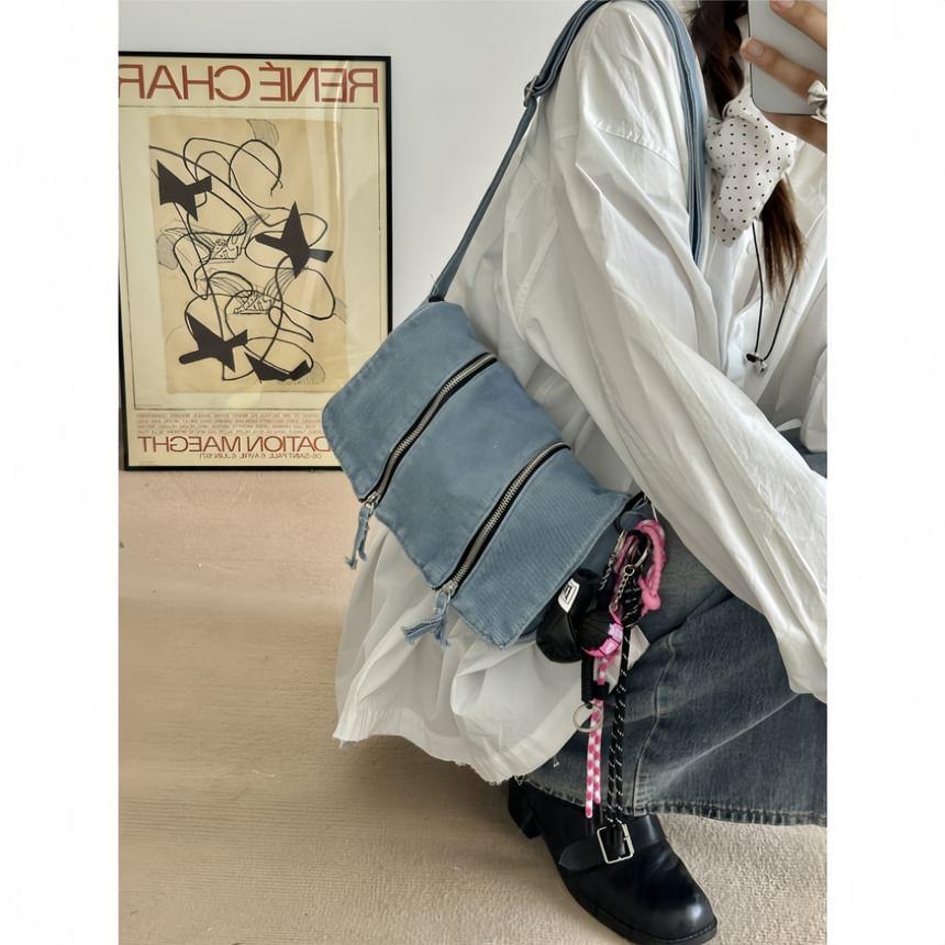 Zip Detail Denim Flap Crossbody Bag Product Image