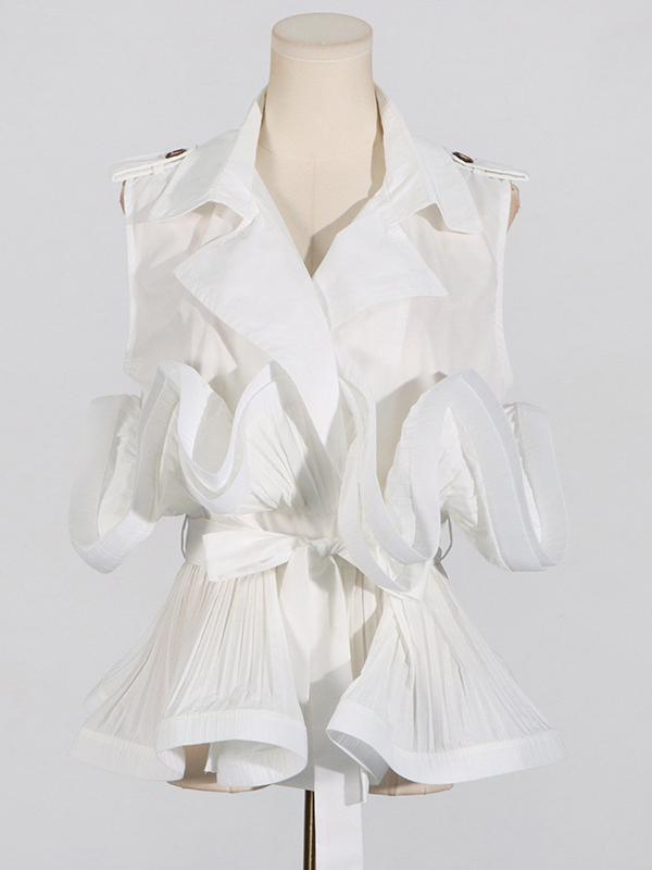 Loose Sleeveless Buttoned Pleated Ruffled Solid Color Tied Waist Notched Collar Blouses&Shirts Tops Product Image