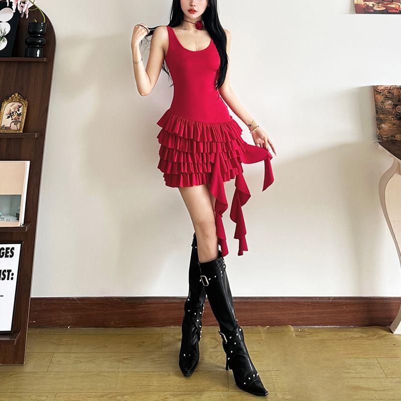 Sleeveless Crew Neck Plain Ruffle Tiered Mini A-Line Dress Product Image