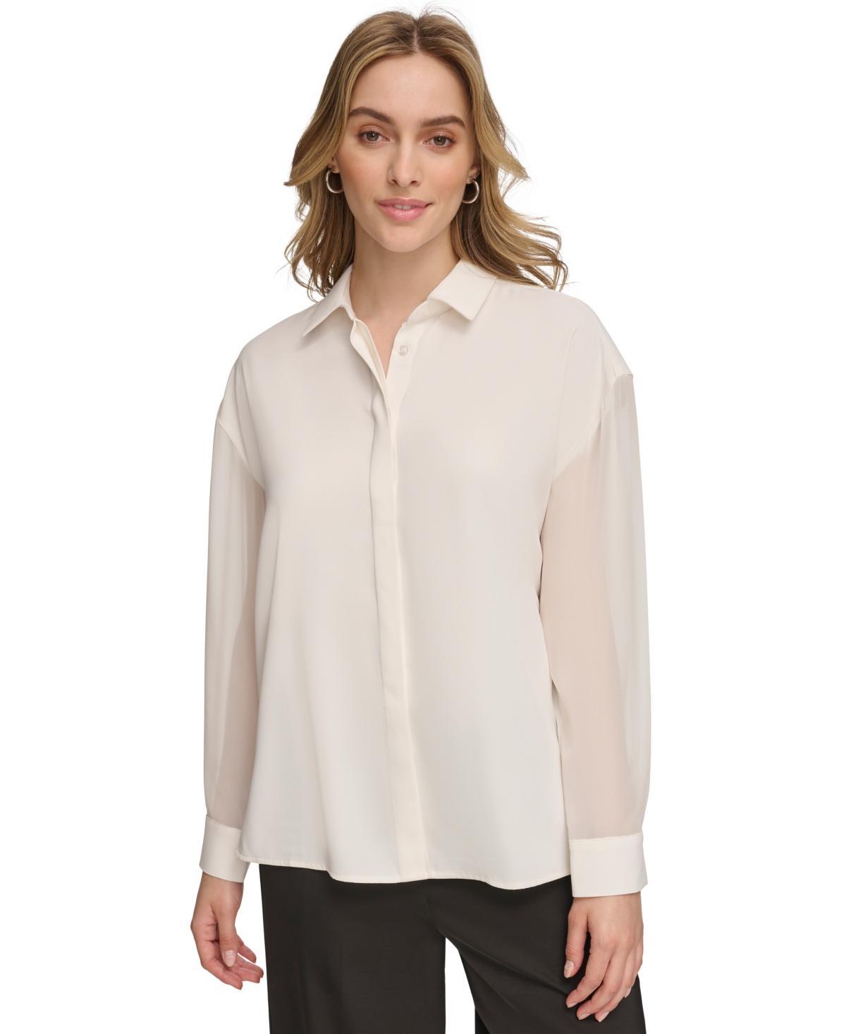 Calvin Klein Womens Chiffon Sleeve Button Down Blouse Product Image