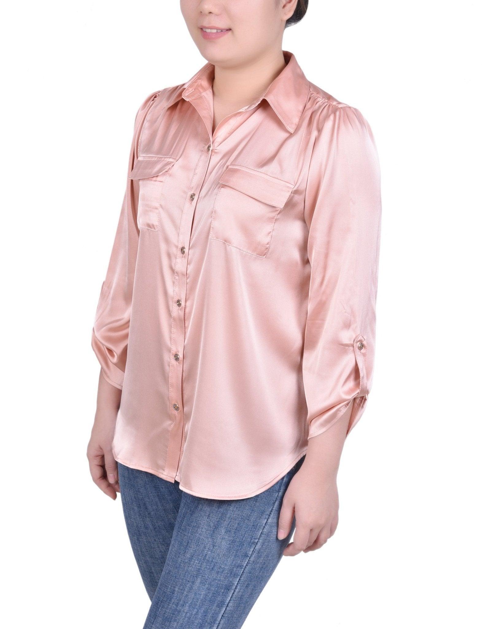 Tabbed Long Sleeve Satin Blouse - Petite Product Image