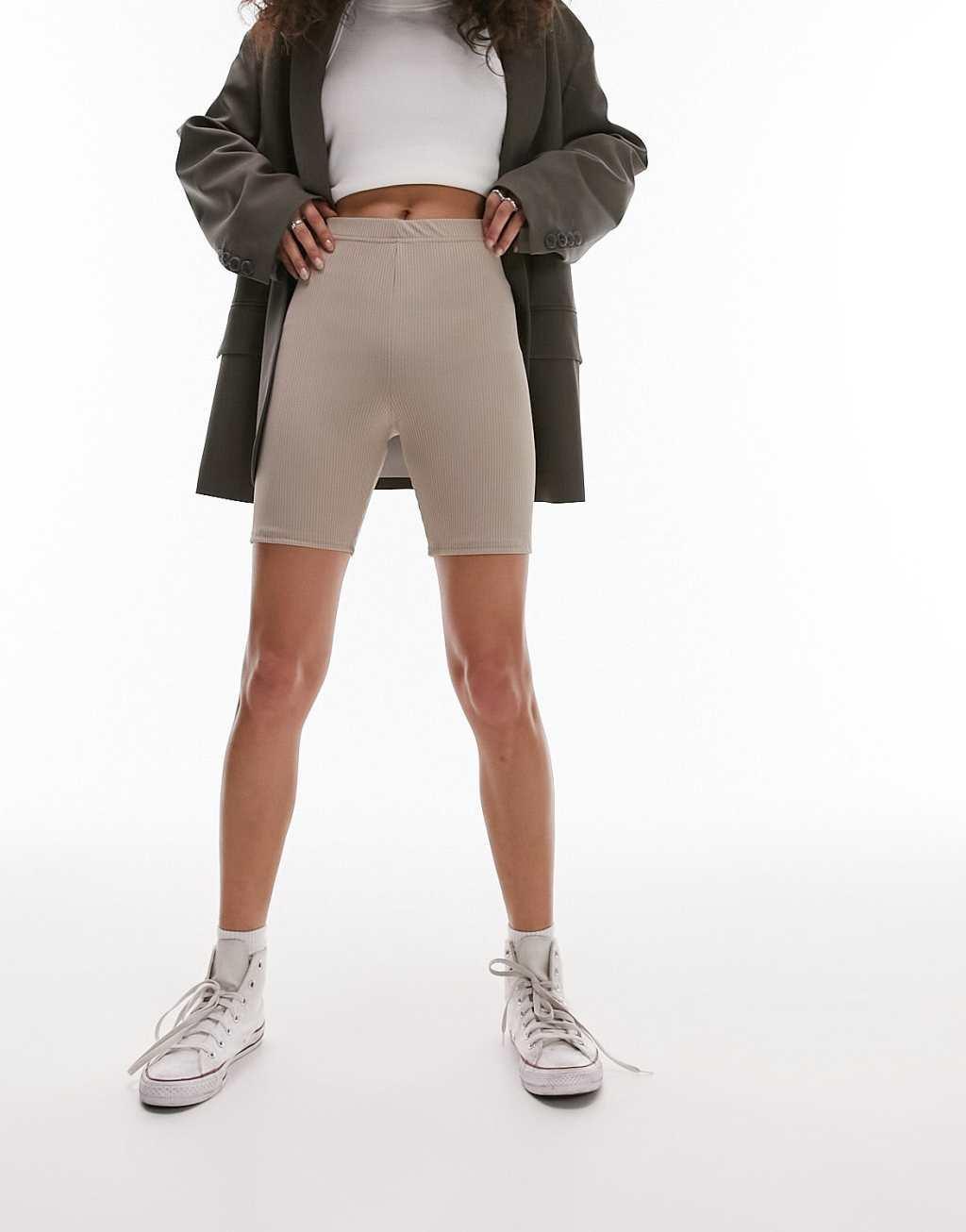 Topshop skinny ribbed legging shorts in taupe Product Image