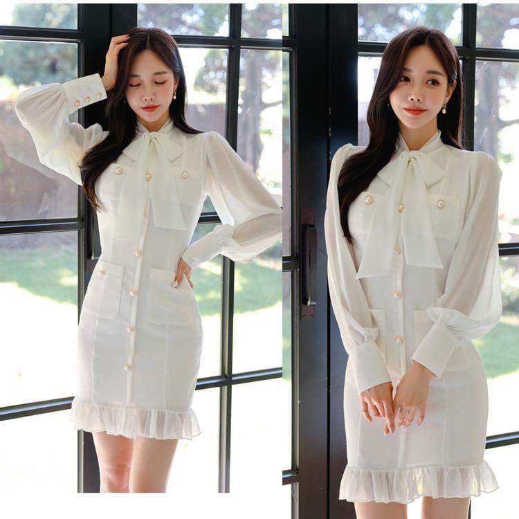 Long Sleeve Tie Neck Plain Button Mini Bodycon Dress Product Image