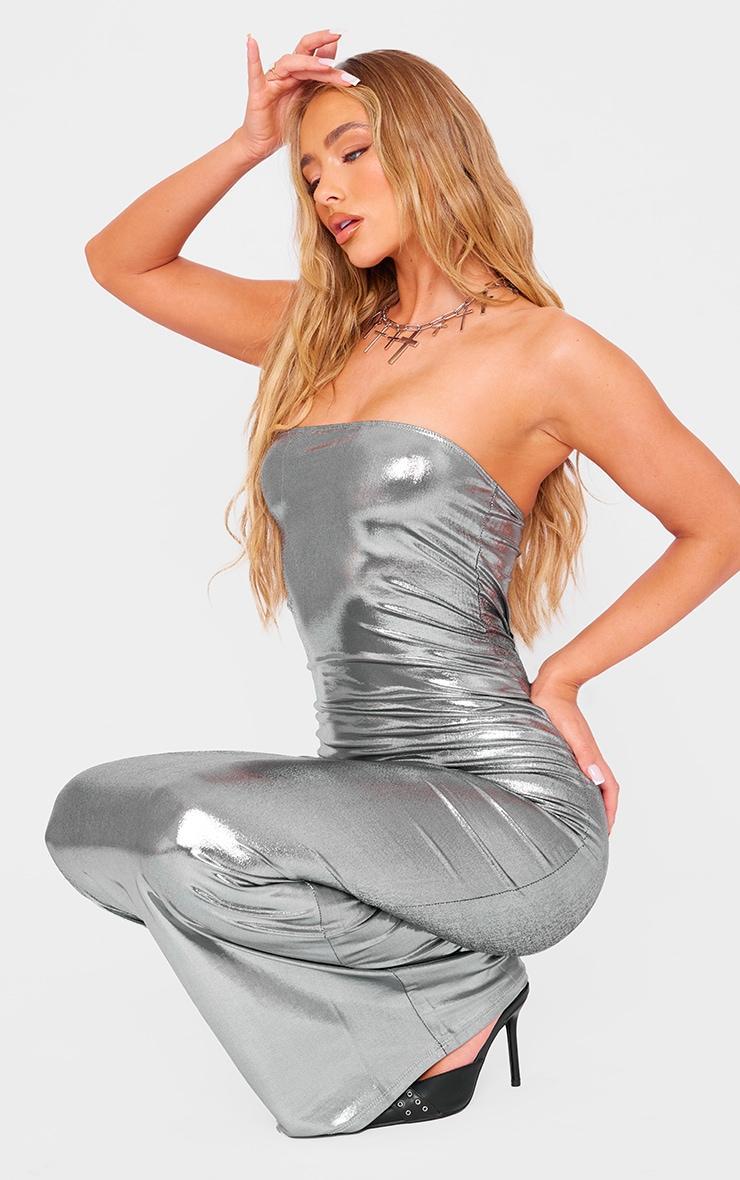 Silver Metallic Slinky Bandeau Bodycon Maxi Dress Product Image