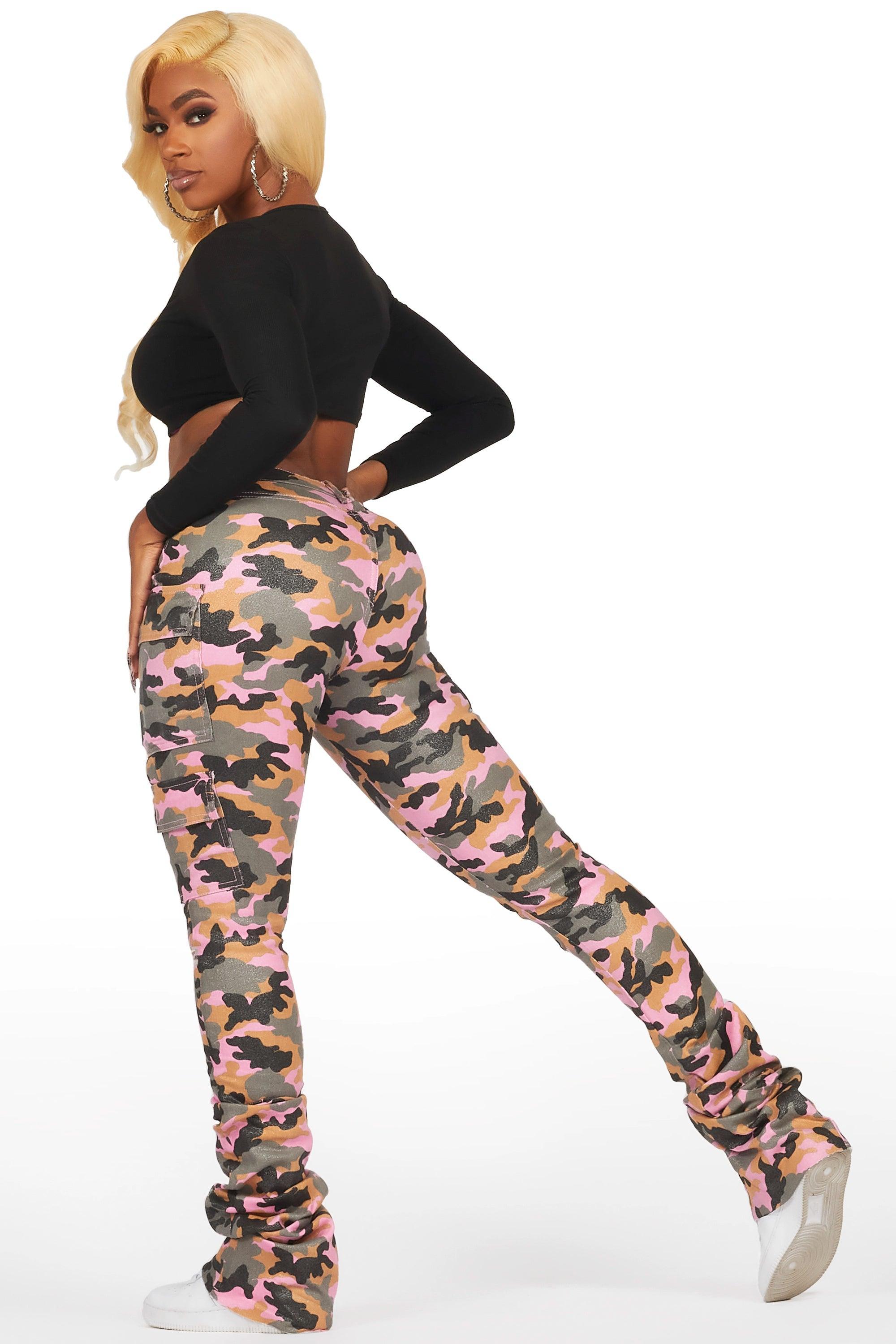 Alaysha Pink Camo Cargo Super Stacked PU Pant Female Product Image