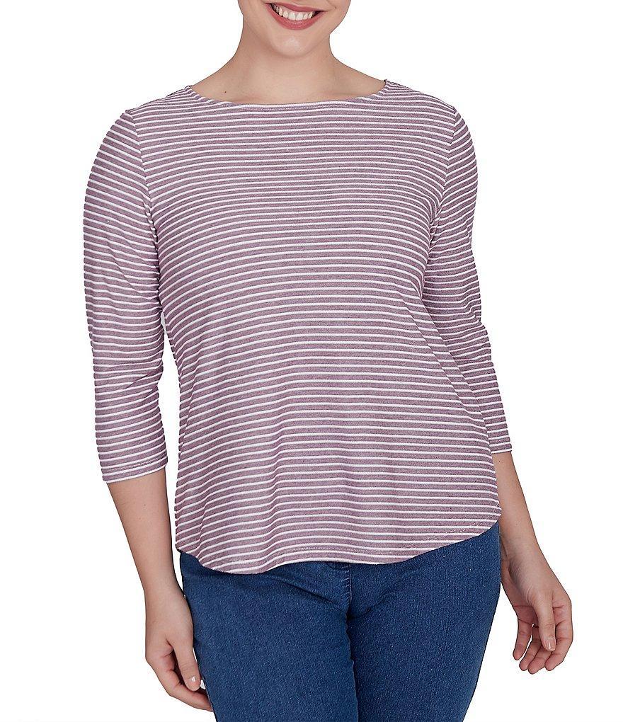 Ruby Rd. Petite Size Stripe Print Knit Crew Neck 3/4 Sleeve Top Product Image