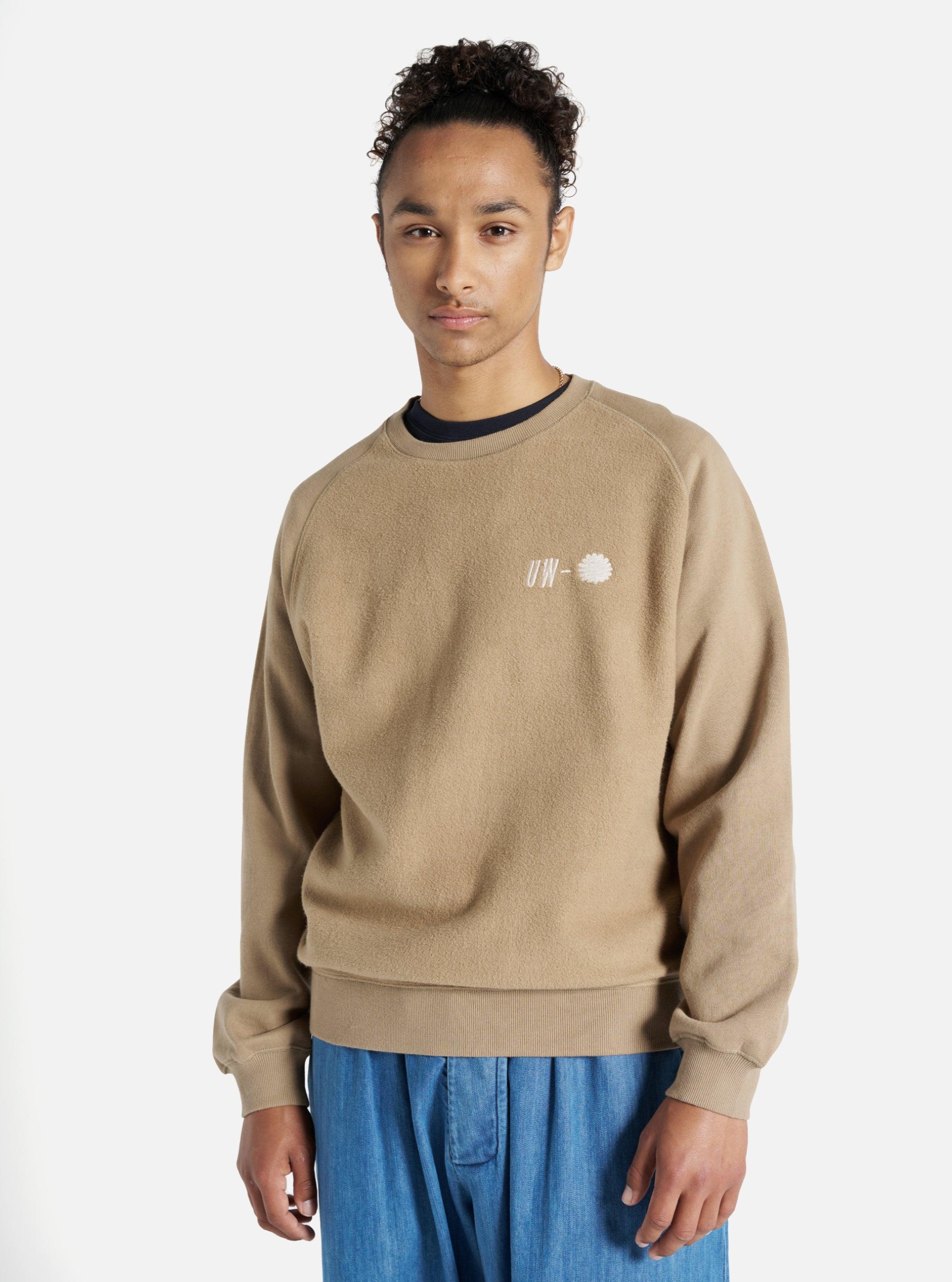 Universal Works Crew Sweat in Sand 'Hotel Deluxe' Embroidered Brush Back Product Image