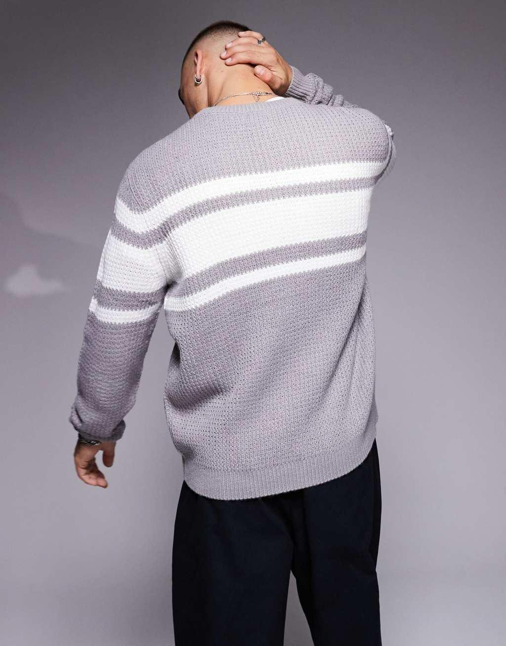 ASOS DESIGN relaxed knitted crew neck sweater in gray with white stripe Product Image