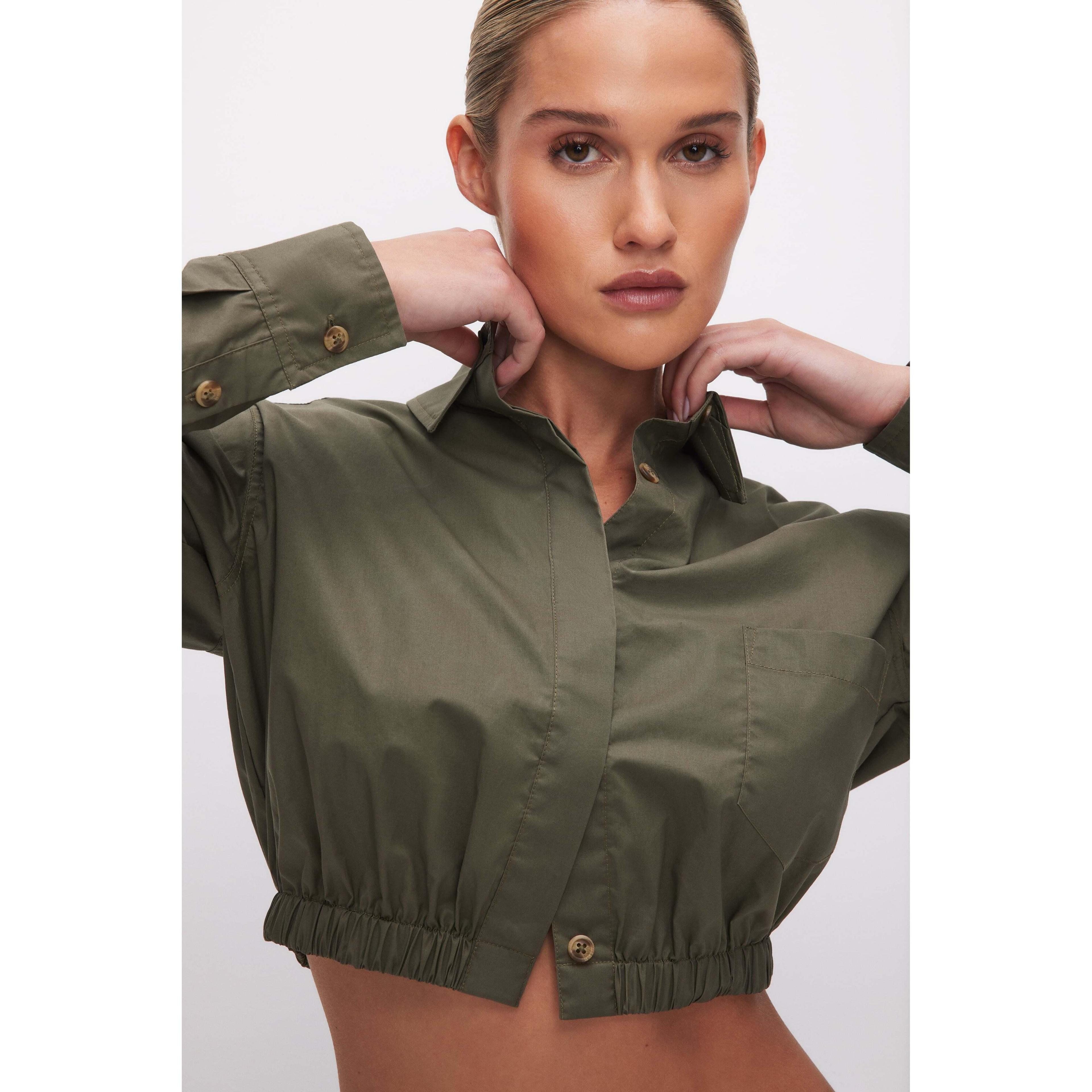 Womens Cropped Coated Poplin Shirt | Fatigue, Size 4XL | Good American by Khlo Kardashian Product Image