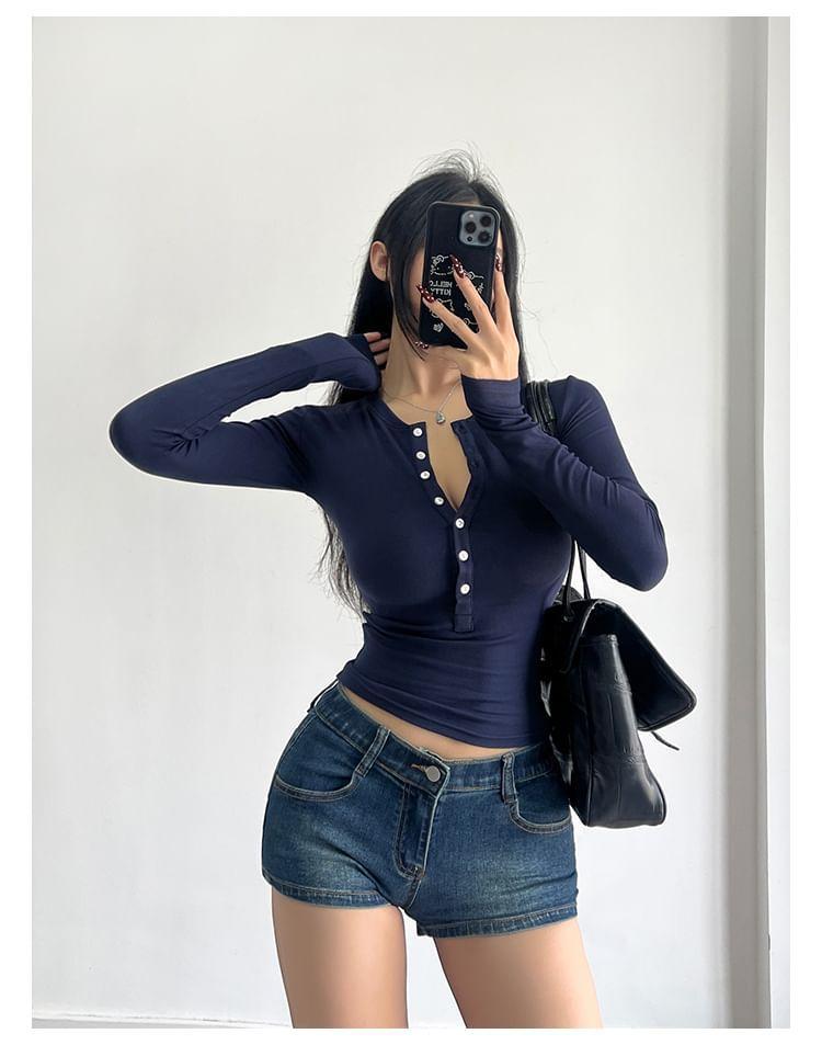 Long-Sleeve Slim-Fit Crop Henley Product Image