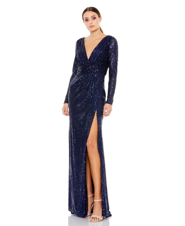 Ieena for Mac Duggal Long Sleeve Deep Surplice V-Neck Sequin Thigh High Slit Gown Product Image