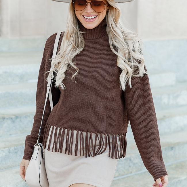 Missed Opportunity Brown Fringe Hem Turtleneck Sweater FINAL SALE Product Image