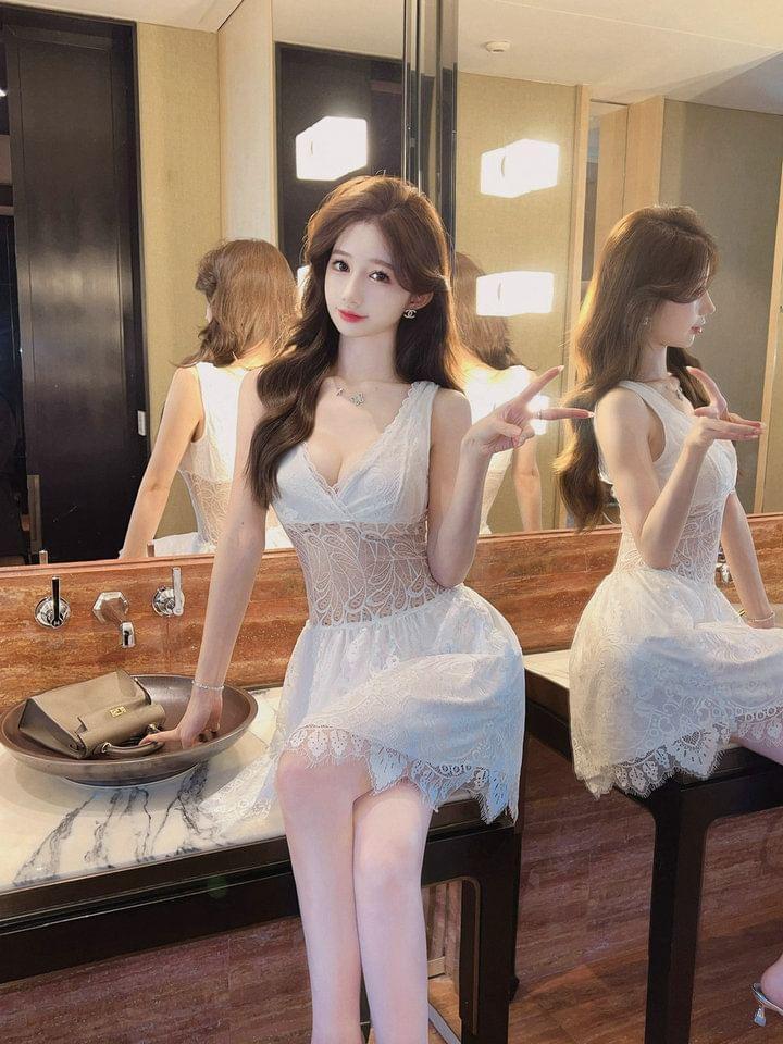 Sleeveless V-Neck Lace Mini A-Line Dress Product Image