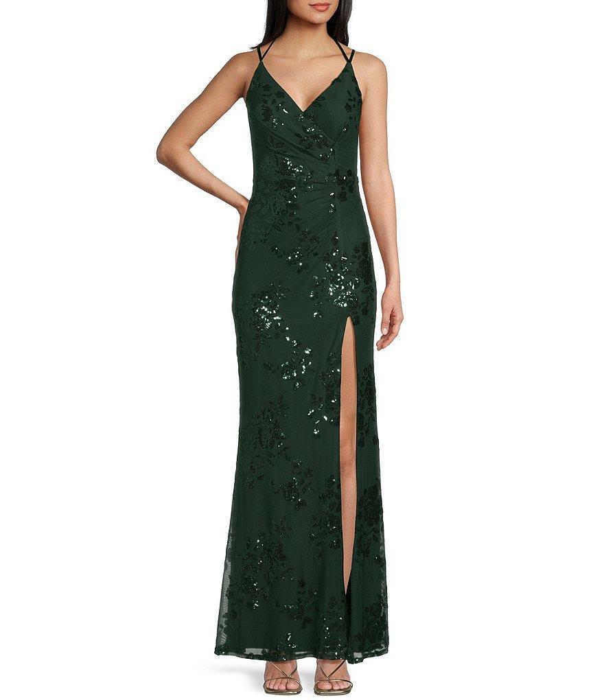 Xtraordinary Double Spaghetti Strap X-Back Surplice V-Neck Sequin-Floral-Pattern Mesh Slit Long Dress Product Image