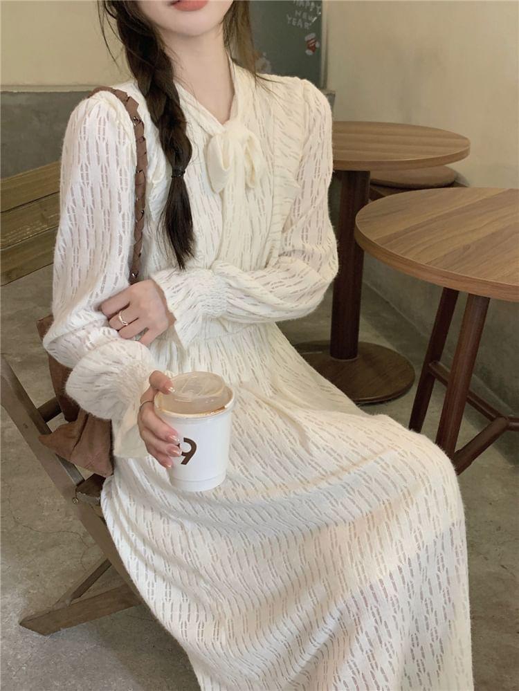 Long-Sleeve Tie-Neck Plain Lace Midi A-Line Dress Product Image