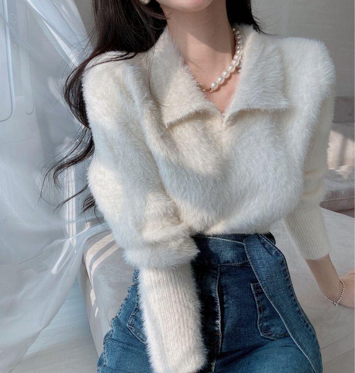 Long-Sleeve Collar Plain Fluffy Knit Top Product Image