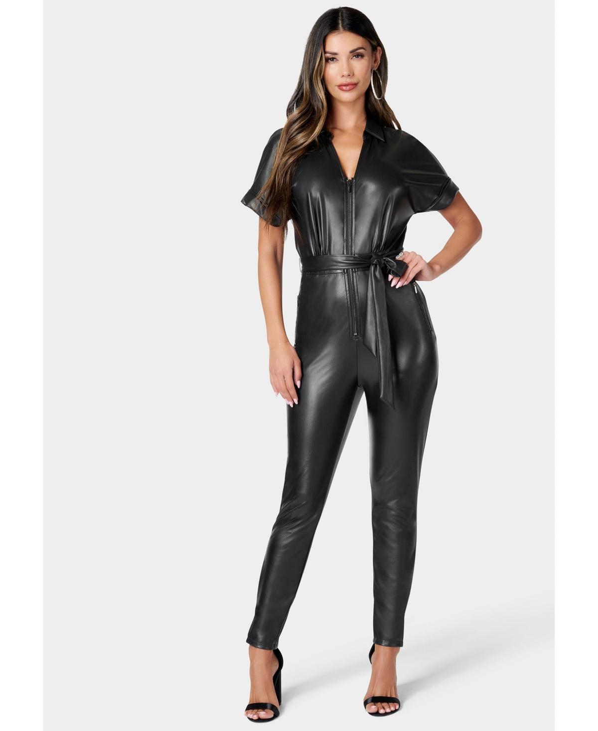 Bebe Womens Faux Leather Moto Jumpsuit Product Image