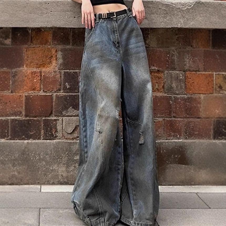 High Rise Washed Ripped Wide Leg Jeans Product Image