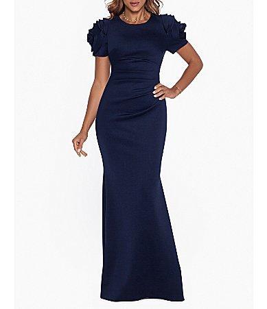 Xscape Evenings Ruffle Short Sleeve Scuba Gown Product Image