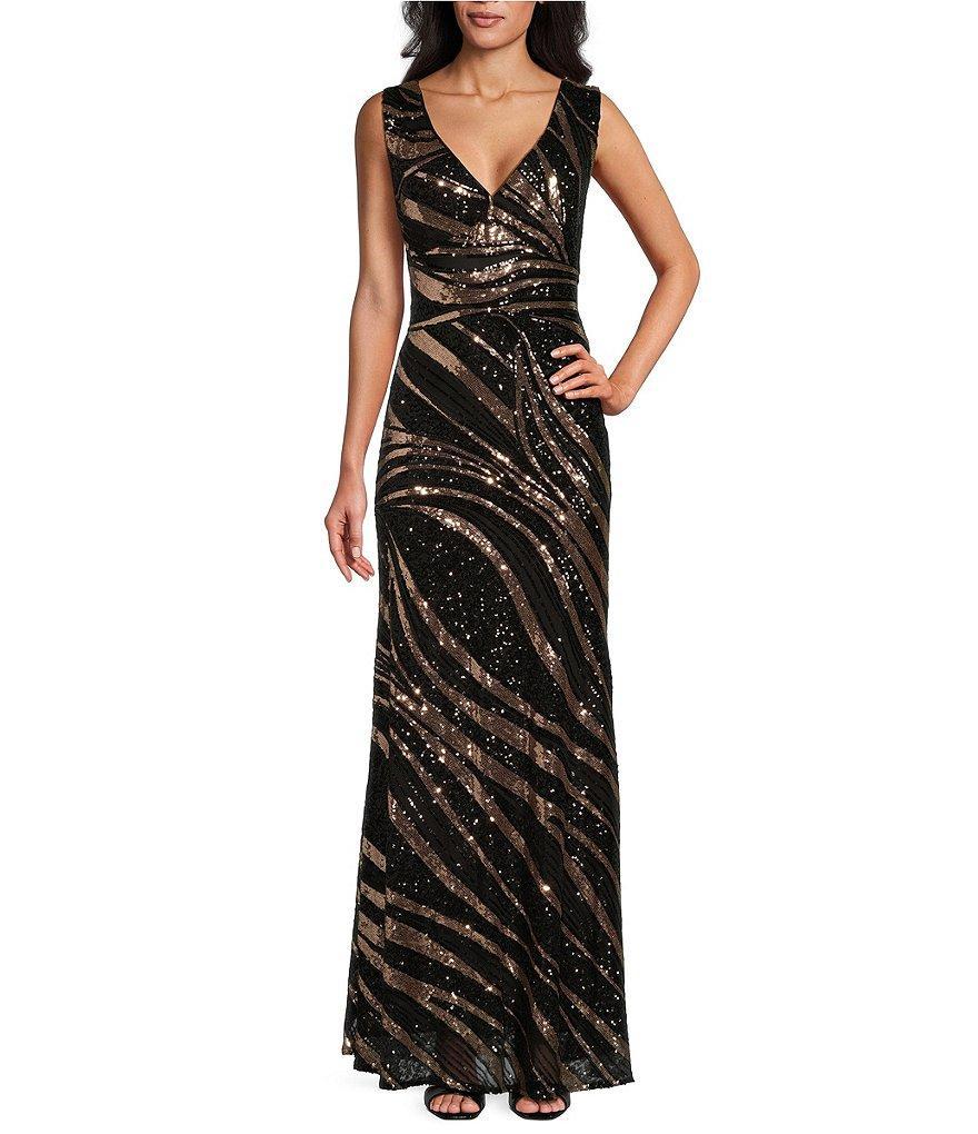 R & M Richards Sleeveless V-Neck Two Tone Sequin Gown Product Image