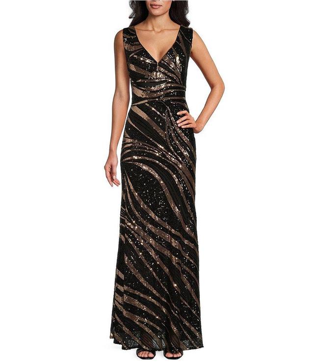 R & M Richards Sleeveless V-Neck Two Tone Sequin Gown Product Image