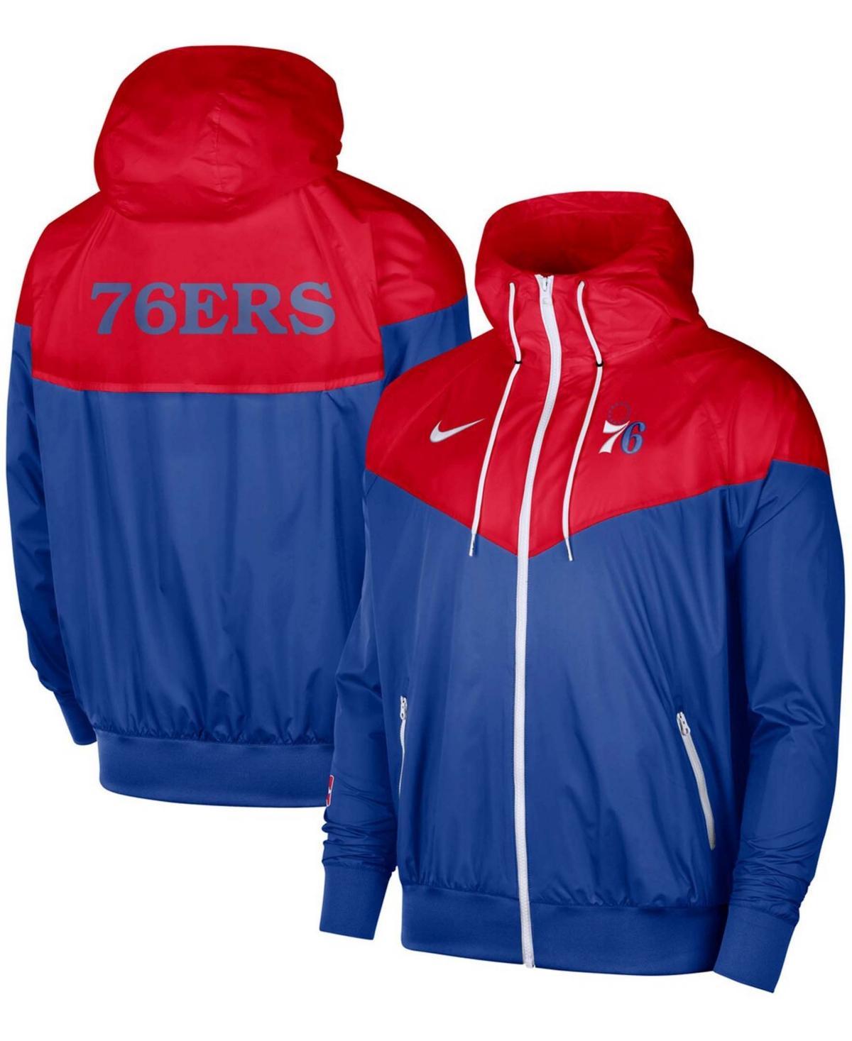 NIKE Men's Red, Royal Philadelphia 76ers 75th Anniversary Courtside Windrunner Raglan Hoodie Full-zip Jac In Red,royal Product Image