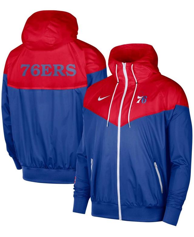 NIKE Men's Red, Royal Philadelphia 76ers 75th Anniversary Courtside Windrunner Raglan Hoodie Full-zip Jac In Red,royal Product Image